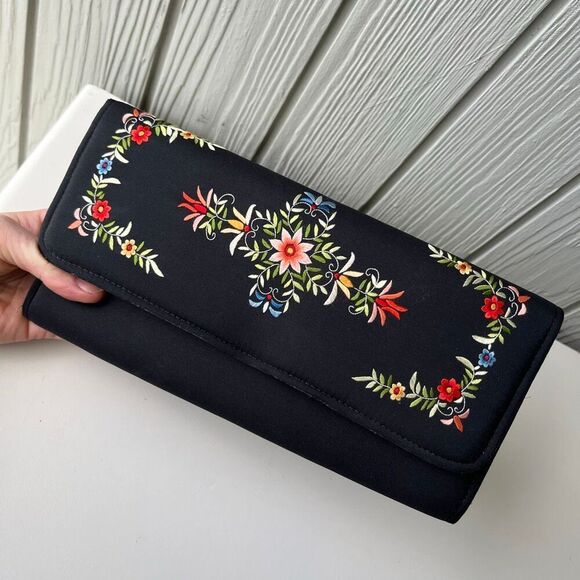 VTG 60s 70s Silk Embroidered Clutch Floral Black Evening Bag Talon Zipper Hong K - Picture 5 of 9